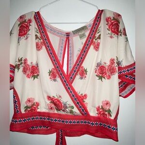 Flying Tomato Blouse Top Kimono Vibe Size L LARGE Floral Bow in Back Romantic